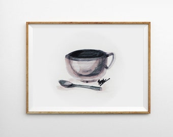 Coffee Art Coffee Love Mug Watercolor ceramic Tea cup Print of Original Painting Kitchen Wall Decor Cup Spoon Still life Fashion art poster