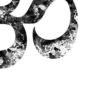 May include: Black and white watercolor painting of the Om symbol, a sacred sound and symbol in Hinduism and Buddhism.
