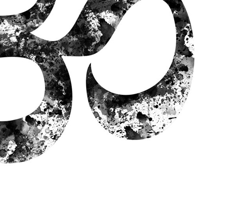 May include: Black and white watercolor painting of the Om symbol, a sacred sound and symbol in Hinduism and Buddhism.