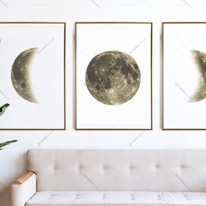 Giclee Moon phases wall art Set of 3 moon decor, Minimalist Moon Art Above Bed Art, La Lune Lunar Phases Wall Art PRINTED & SHIPPED to you image 2