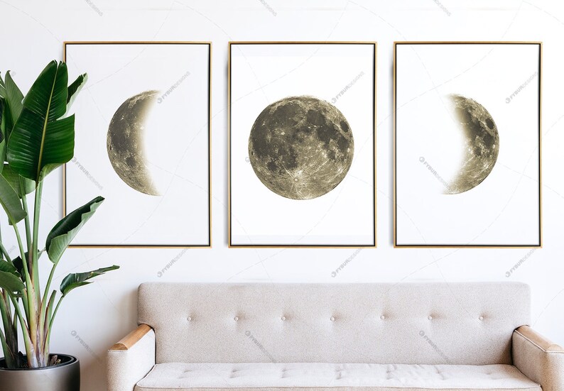 Giclee Moon phases wall art Set of 3 moon decor, Minimalist Moon Art Above Bed Art, La Lune Lunar Phases Wall Art PRINTED & SHIPPED to you image 2