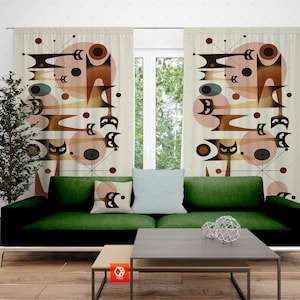 Painéis de cortina modernos de meados do século | Cortinas Atomic Cat, cortinas de estilo mid mod, cortinas de janela modernas, cortinas retrô, cortinas de meados do século