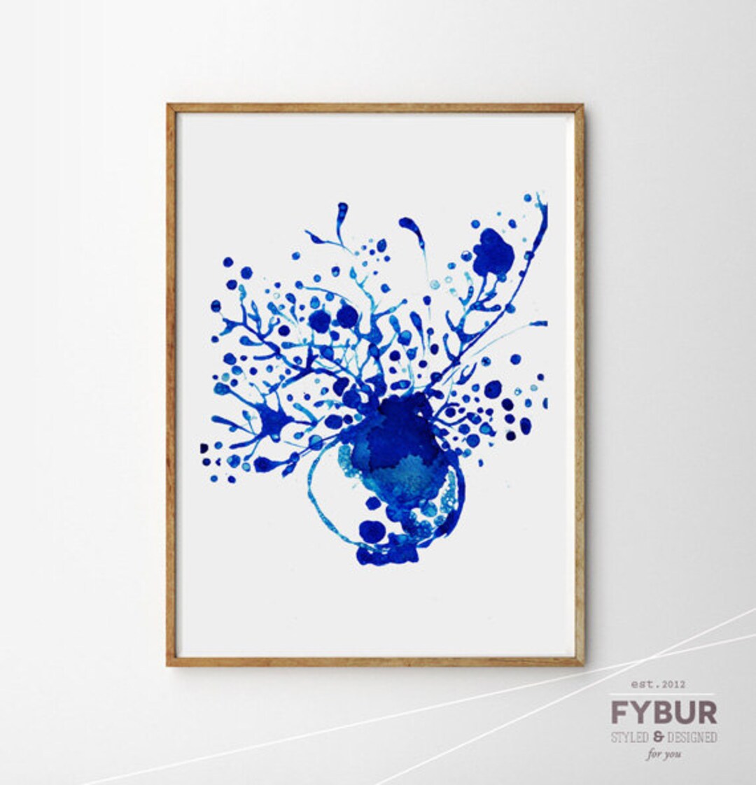 Blue Wall Print Watercolor Flower Wall Art, Vase Flower Painting, Blue