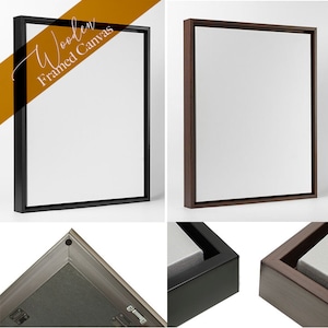 May include: Two wooden framed canvases, one with a black frame and one with a brown frame. The frames are made of wood and have a smooth finish. The canvases are blank and ready to be painted.