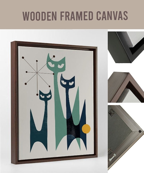 Wood Canvas Float Frame Cat print framed canvas floating frame 50s Cat Mid Century Modern Cat Art Midcentury modern cat art Cat lovers gift