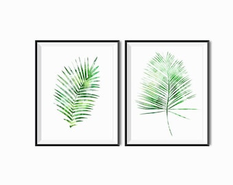 White and Green Fern watercolor Leaves palms wall art Nature Botanical Art Minimalist Modern Home decor art plants Art Fall Tropical Art