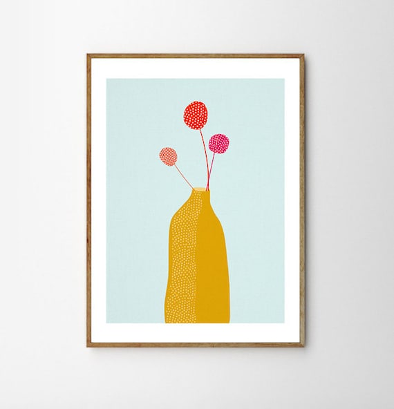 Midcentury art flower vase print Chartreuse wall art flower art Scandinavian print nordic art Minimalist art kitchen Wall decor Abstract art
