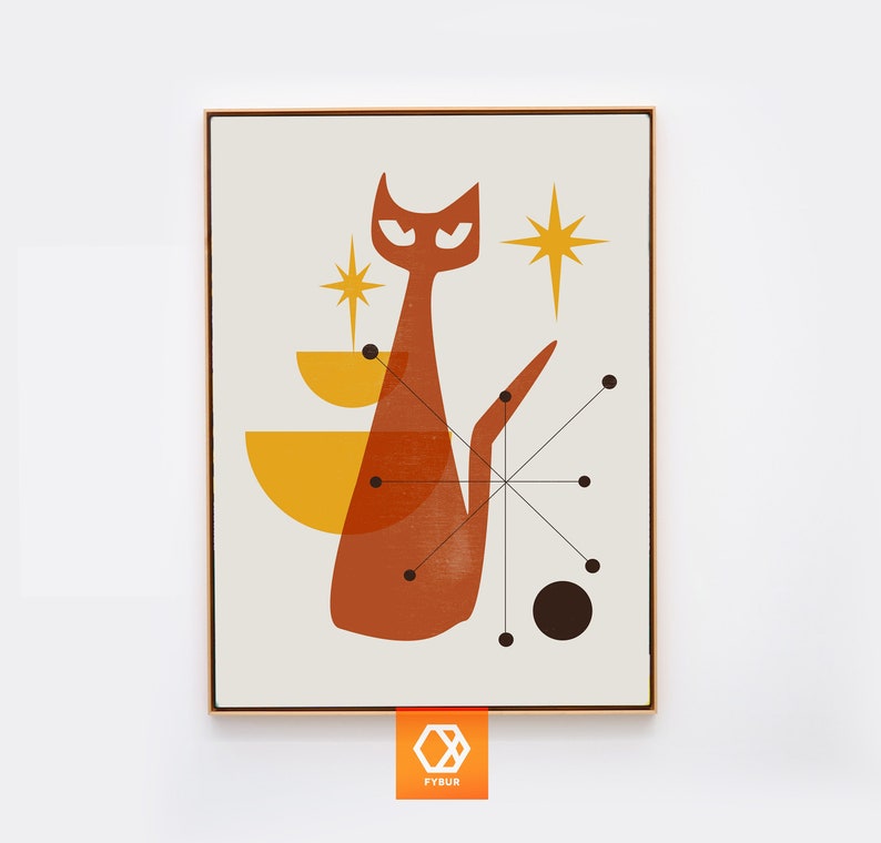 May include: A mid-century modern style abstract art print featuring a stylized orange cat with yellow and brown geometric shapes and a black and white atomic design.
