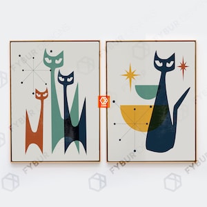 Cat decor Modern Cat wall art Mid century Cat wall art SET of 2 Black cat art Mid century decor Sputnik art Atomic Mid century modern art