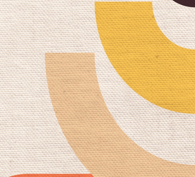 May include: Abstract geometric art print with overlapping semi-circles in shades of yellow, orange, and brown on a white canvas background.