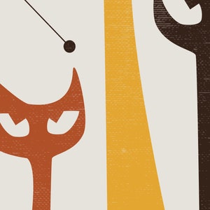 May include: Abstract mid-century modern art print featuring two stylized cats in orange and brown, a yellow vertical stripe, and two black circles connected by a thin black line.