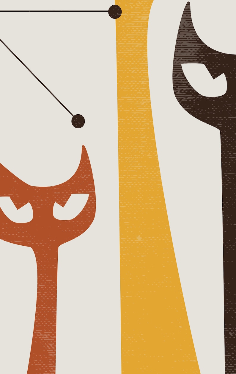 May include: Abstract mid-century modern art print featuring two stylized cats in orange and brown, a yellow vertical stripe, and two black circles connected by a thin black line.