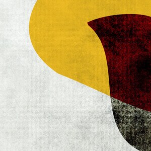May include: Abstract geometric design with a yellow, red, and gray color scheme. The design is on a white textured background.
