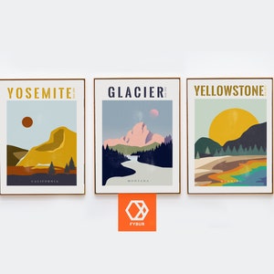 National Park poster set of 3 Mid Century Modern Art Prints travel print Set Scandinavian Art Set wall Art Yosemite Yellowstone Glacier art