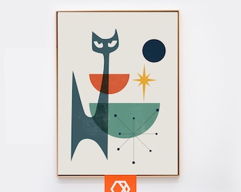 Blue retro Cat art Mid century modern art Mid century modern Cat wall art Sputnik art mid century Atomic Art cat Lover gift mid century art