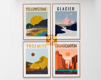 National Parks gifts Retro national parks poster 4 Print  Mid century modern Travel prints Grand Canyon Yosemite park art Yellow stone Art