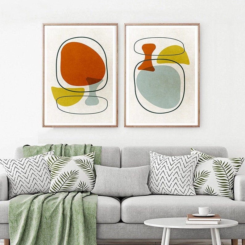 Modern Abstract wall art Mid century modern art SET of 2 yellow mustard art Scandinavian decor Retro Eames Nordic Decor Living Room Wall Art image 2