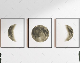 Giclee Moon phases wall art Set of 3 - moon decor, Minimalist Moon Art Above Bed Art, La Lune Lunar Phases Wall Art PRINTED & SHIPPED to you