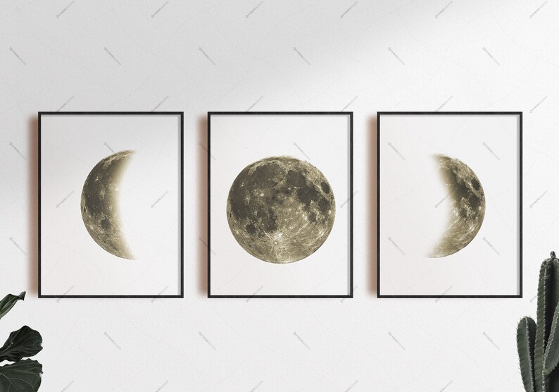 Giclee Moon phases wall art Set of 3 moon decor, Minimalist Moon Art Above Bed Art, La Lune Lunar Phases Wall Art PRINTED & SHIPPED to you image 1