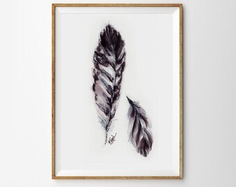 Pluma Acuarela Impresión de Pintura Original Pluma Arte Boho Boho Decoración de la Pared Arte de la Moda Ciencia Ciencia Póster de la Naturaleza Pájaros Gris Arte tribal