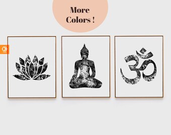 Yoga Poster Set Yoga Watercolor Yoga Art wall decor YOGA PRINT SET Lotus Flower Seated Buddha Art Om mantra Yoga Studio Art Yoga Silhouettes