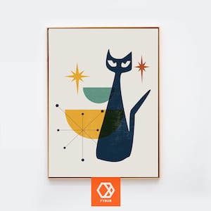 retro cat wall art | Mid century Cat wall art | Sputnik art Atomic Art Mid century modern art cat Lover gift mid century art 70s decor