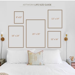May include: A display of framed artwork in various sizes, including 8"x10", 12"x16", 13"x19", 18"x24", and 20"x30", against a white wall. The text "ARTWORK LIFE SIZE GUIDE" is at the top. The frames are a light brown color.