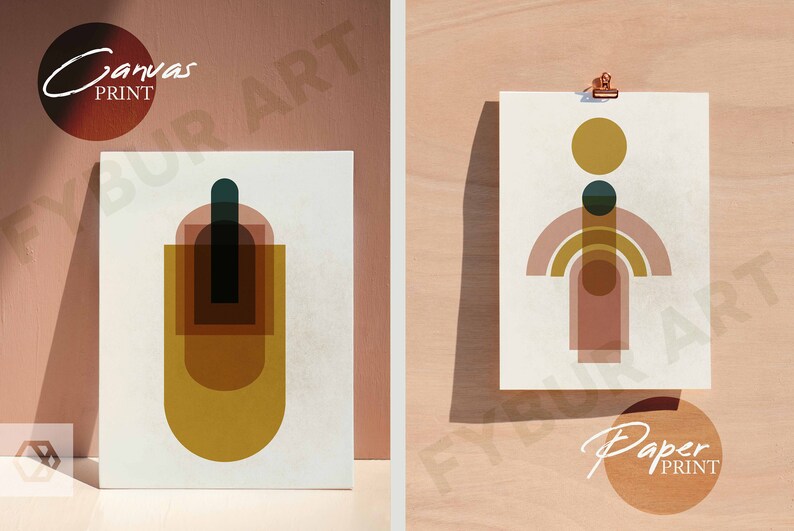 May include: Two abstract geometric art prints, one on canvas and one on paper. The canvas print features a vertical design with overlapping shapes in shades of brown, yellow, and green. The paper print features a horizontal design with overlapping shapes in shades of pink, yellow, and brown.