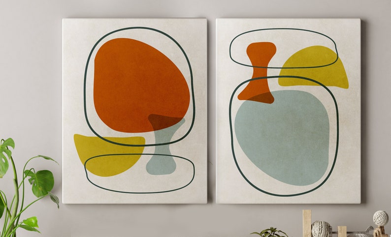 Modern Abstract wall art Mid century modern art SET of 2 yellow mustard art Scandinavian decor Retro Eames Nordic Decor Living Room Wall Art image 8