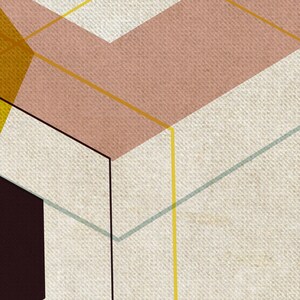 May include: Abstract geometric pattern with overlapping shapes in shades of brown, yellow, and white. The design features a textured background and intersecting lines.