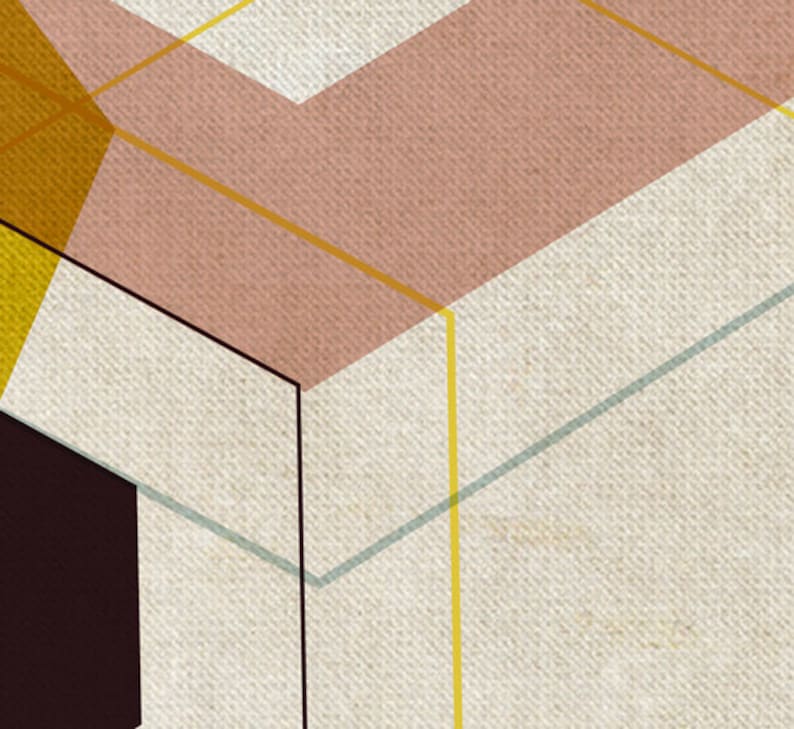 May include: Abstract geometric pattern with overlapping shapes in shades of brown, yellow, and white. The design features a textured background and intersecting lines.