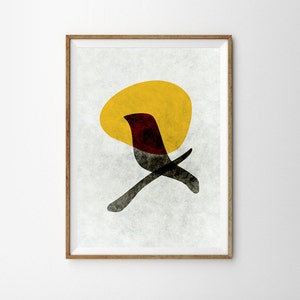 May include: Abstract art print featuring a stylized black bird with a red body, perched on a branch against a yellow sun-like shape. The background is a textured white.