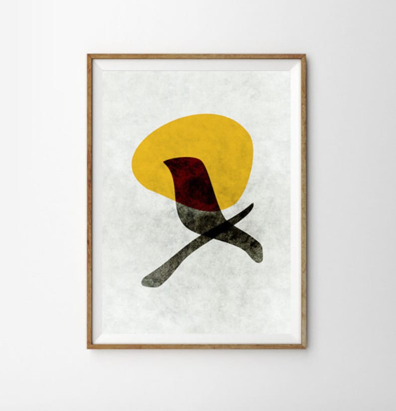 May include: Abstract art print featuring a stylized black bird with a red body, perched on a branch against a yellow sun-like shape. The background is a textured white.