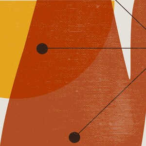 May include: Abstract geometric art print with a red, orange, and yellow color scheme. The print features black circles connected by thin lines.