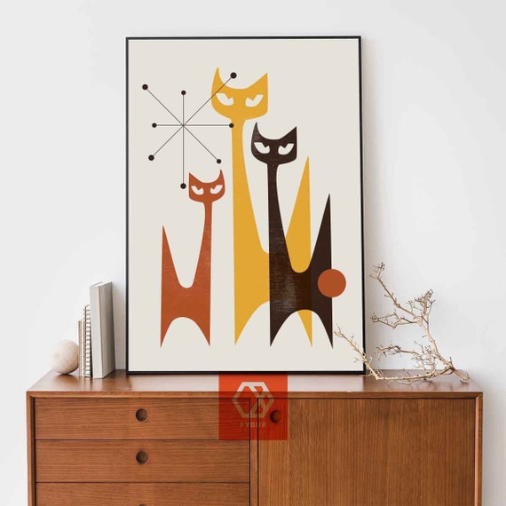 Cat Print Mid Century Modern Cat Art Vintage Cat Poster Retro - Etsy