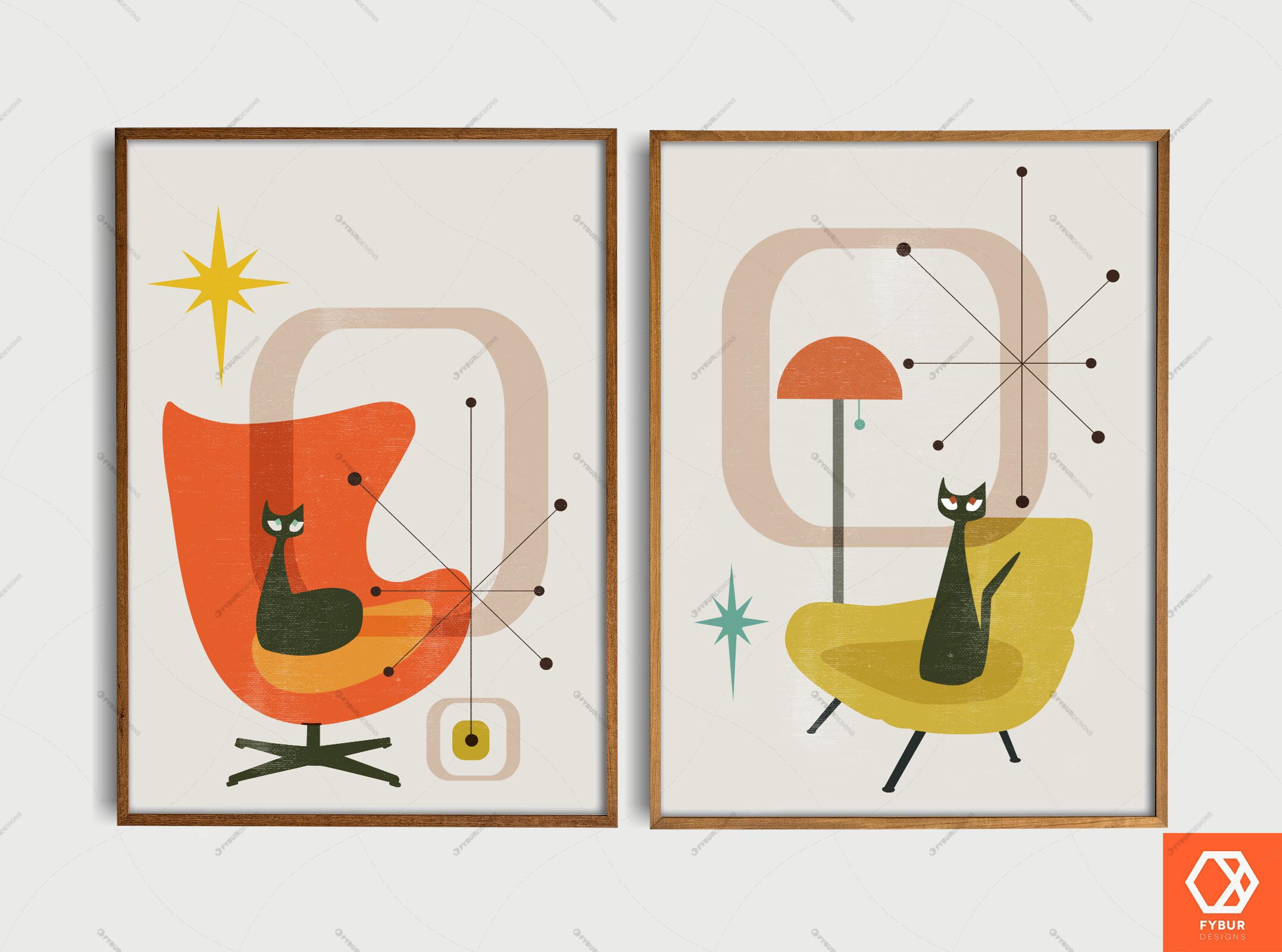 Mid century Cat wall art SET of 2 - Retro Black cat art Eames chair Mid century decor Sputnik Atomic Art Mid century modern art mcm print