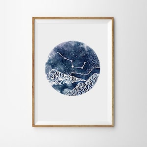 starry Night sky art - Constellation Print Night Landscape mountains Art Boho Moon Galaxy Sky wall art Stars art Watercolor Astronomy Decor