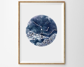 starry Night sky art - Constellation Print Night Landscape mountains Art Boho Moon Galaxy Sky wall art Stars art Watercolor Astronomy Decor