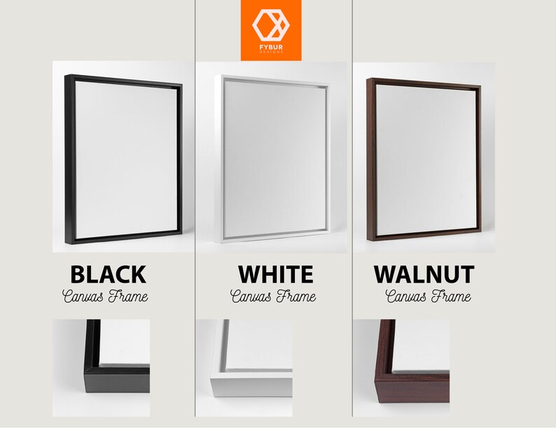 May include: Three canvas frames in black, white, and walnut wood. The frames are all the same size and shape, and they are shown against a white background.
