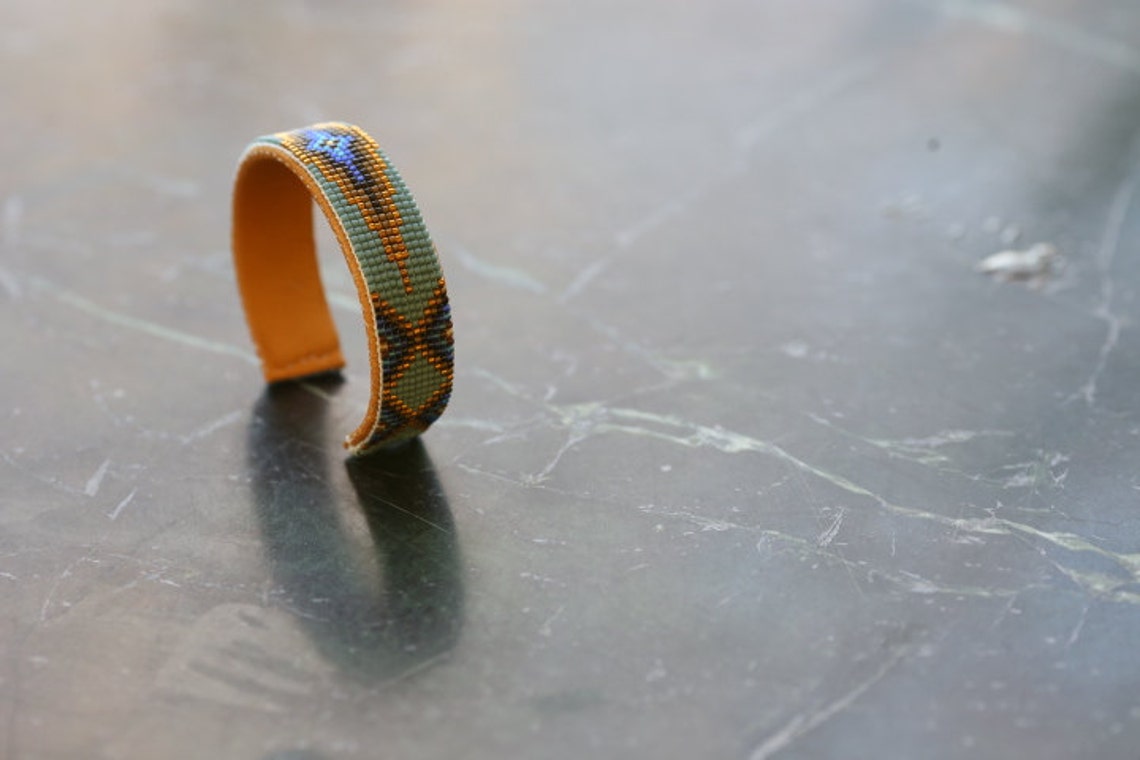 Beaded Geometric Design Bracelet in Blues and Neutral Tones. Etsy