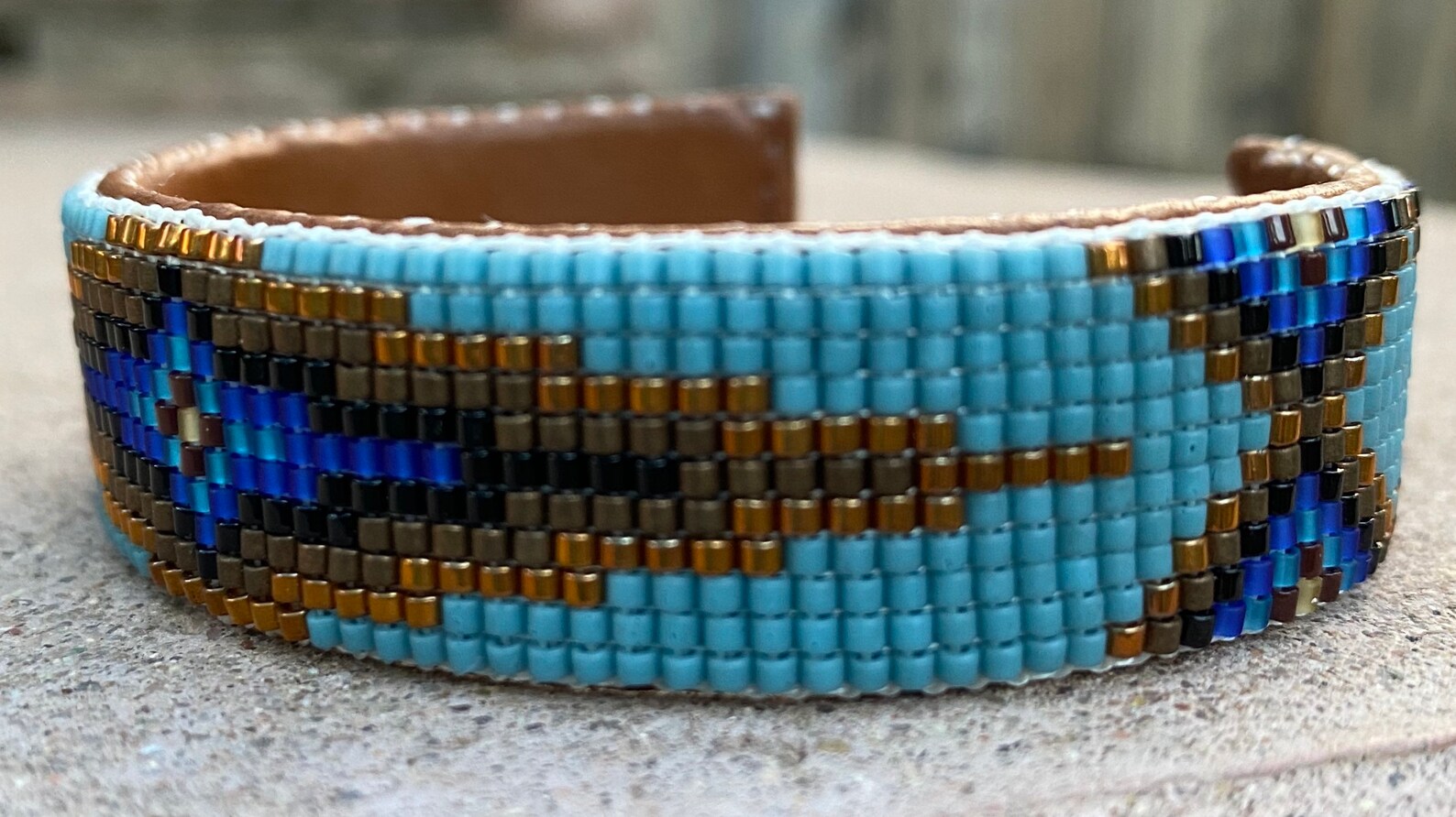 Beaded Geometric Design Bracelet in Blues and Neutral Tones. Etsy