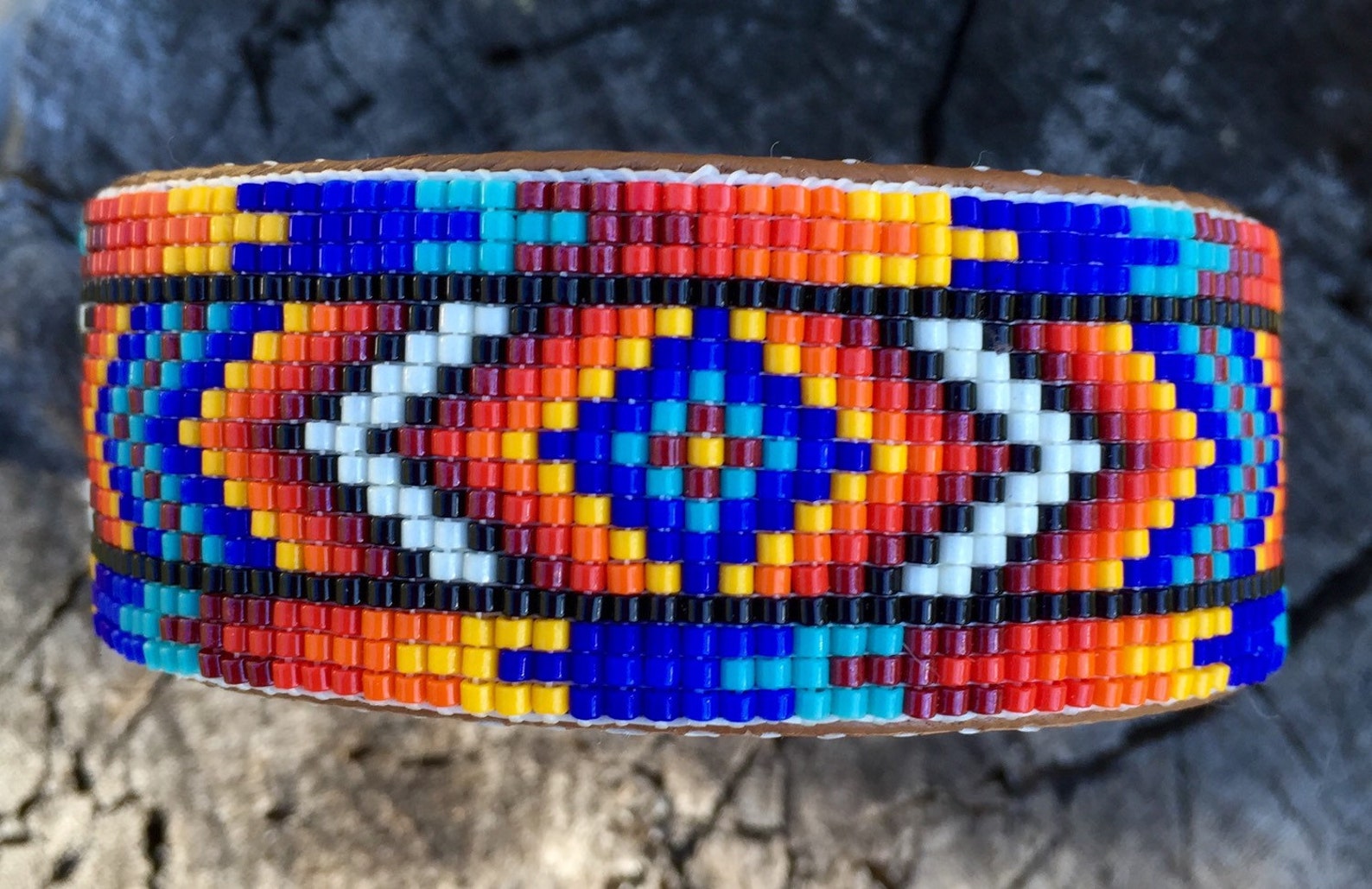 Beaded Geometric Design Bracelet in Reds Orange Yellows Etsy