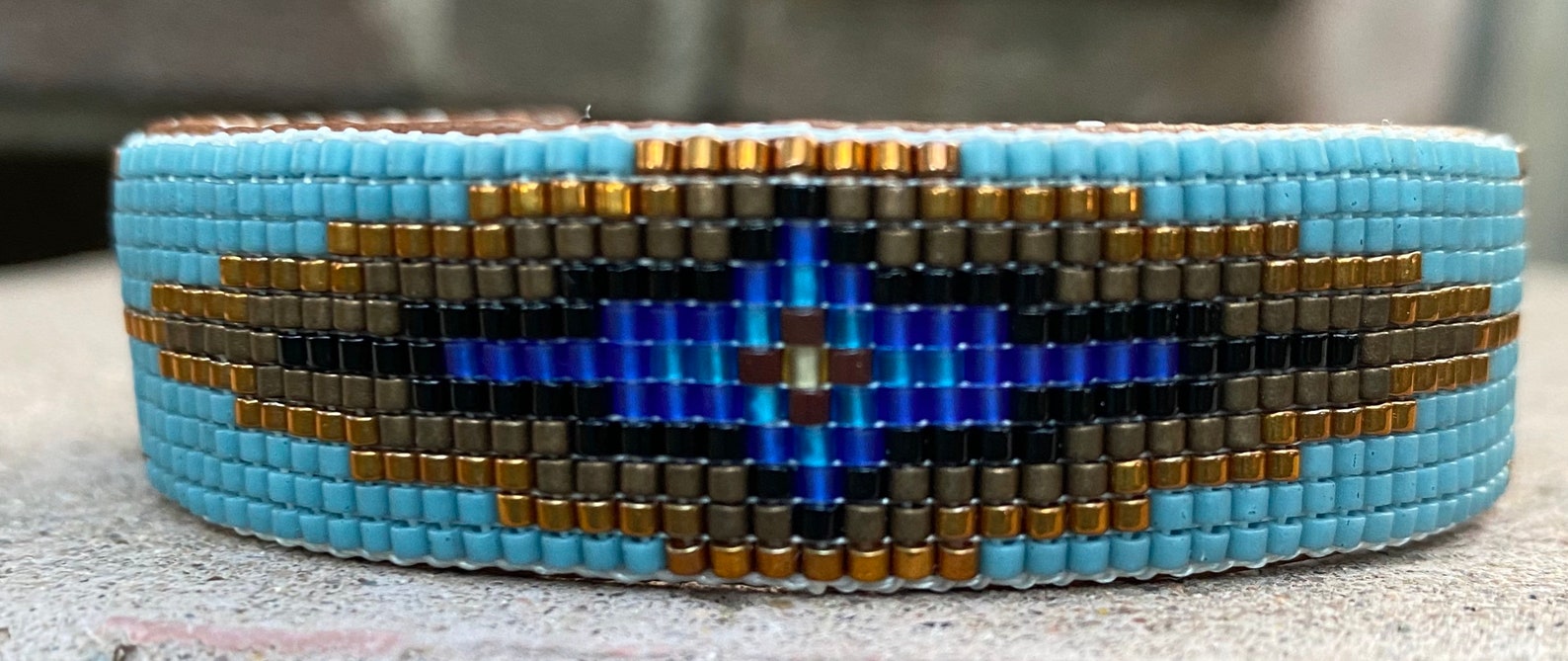 Beaded Geometric Design Bracelet in Blues and Neutral Tones. Etsy