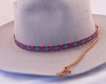 Mountain Cross Beaded Hatband in Reds and Blues. Wonderful for Cowboy Felt Hats and Panama Straw Hats. Great for both men and Women.