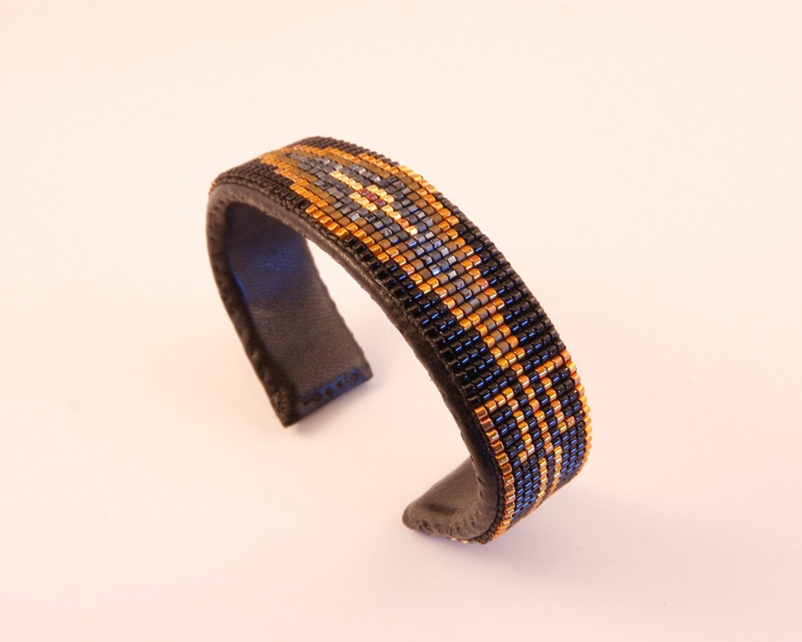 Beaded Geometric Design Bracelet in Metallic Colors of Golds, Gunmetal