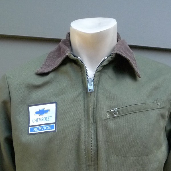 Size M (40R) ** Incredible 1960s-70s Chevrolet Whipcord Mechanics Work Jacket with Thermal Liner (Two Waist Pockets) (Old Ideal Zipper)