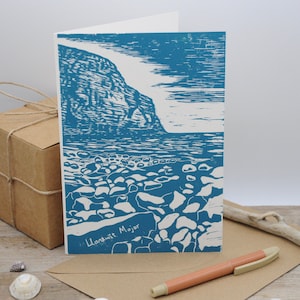 Welsh Seascape, Llantwit Major, Hand Printed Lino Print Greetings Card (Teal Ink on Recycled White Cardstock)