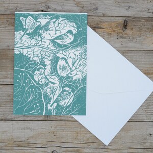Handprinted Wild Garden Birds, Lino Cut Blank Art Card A5