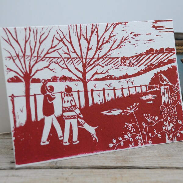 Handprinted, Winter Walkies, Lino Cut Print, Blank Christmas Card, Red and White A5