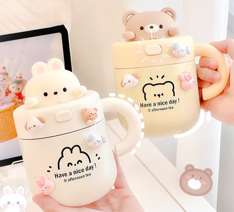 Cute Bear Cup With Straw for Hot Drinks 530ml Kawaii Thermo 